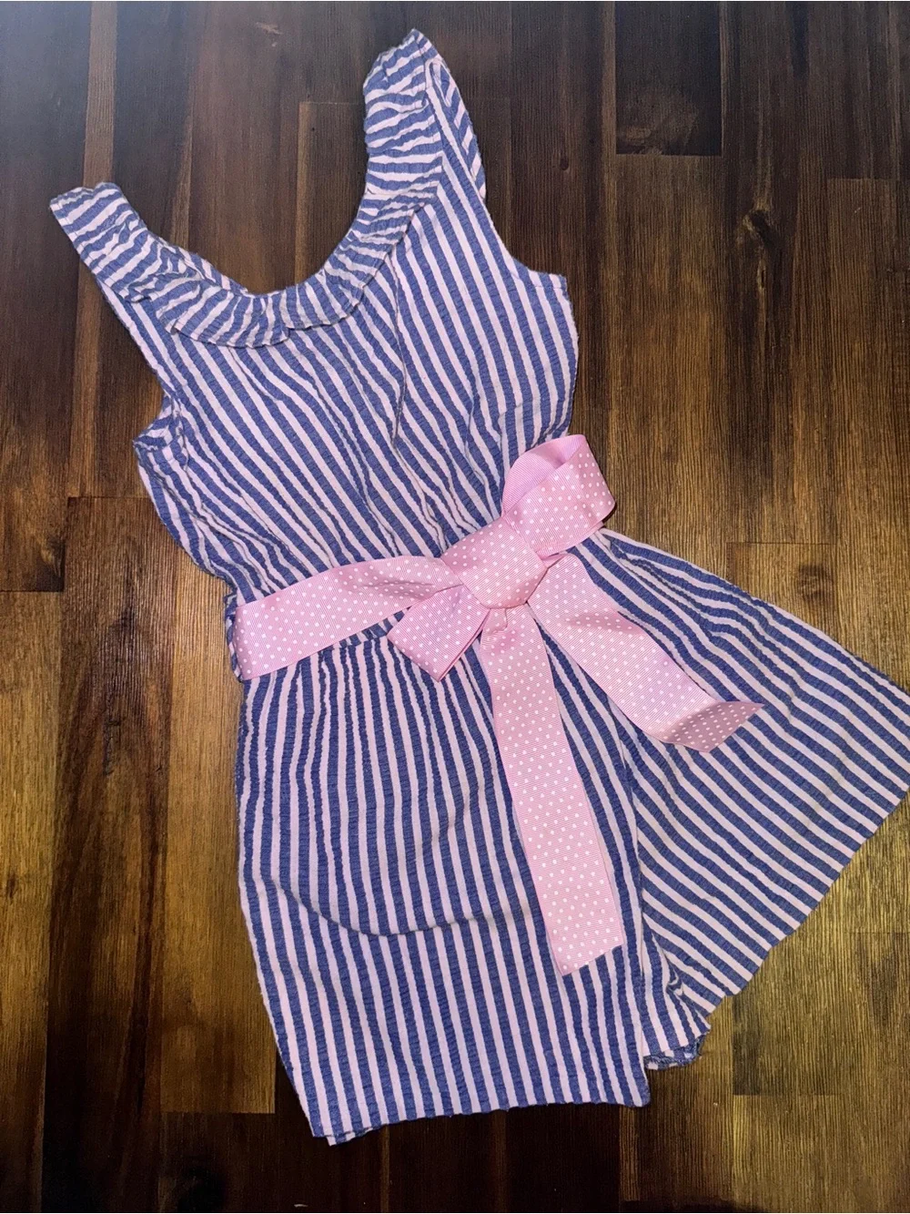 Bonnie Jean Blue Stripe Sleeveless Skort Romper with Pink Bow Belt - Size 6
